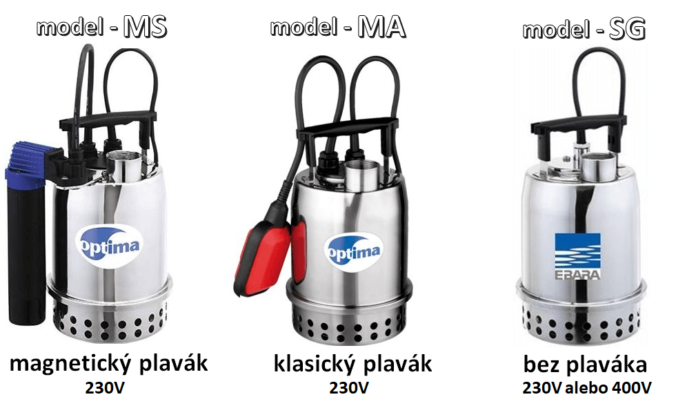 Prevedenia čerpadiel - z ľava: MS - s magnetickým plavákom, MA - s klasickým plavákom na kábli, SG - bez plaváku